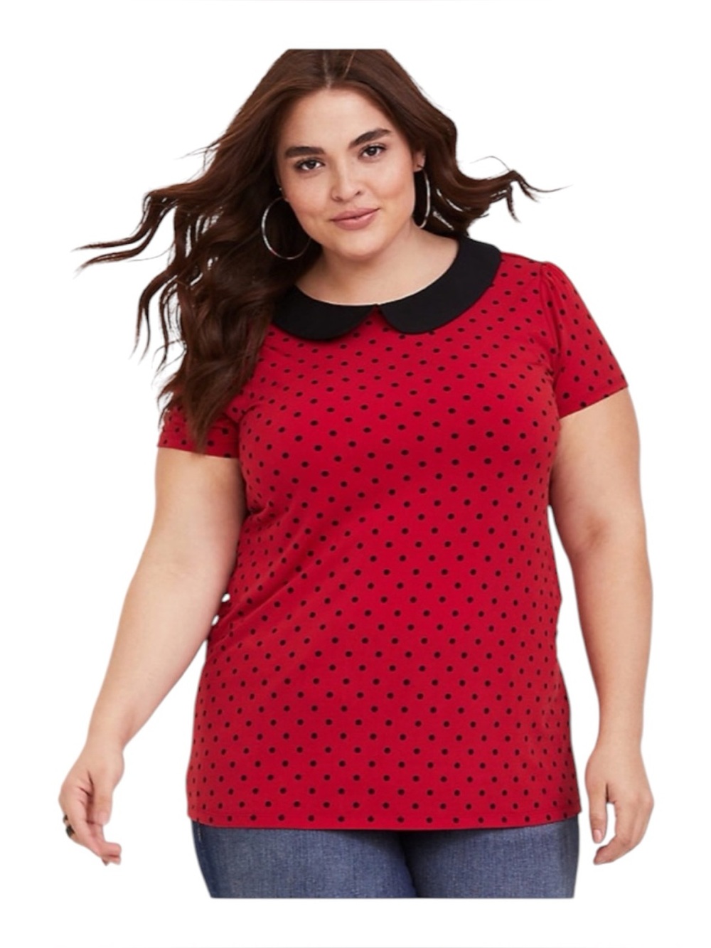 Torrid Size 2X Red Polka Dot Short Sleeve Top with Black Peter Pan Collar